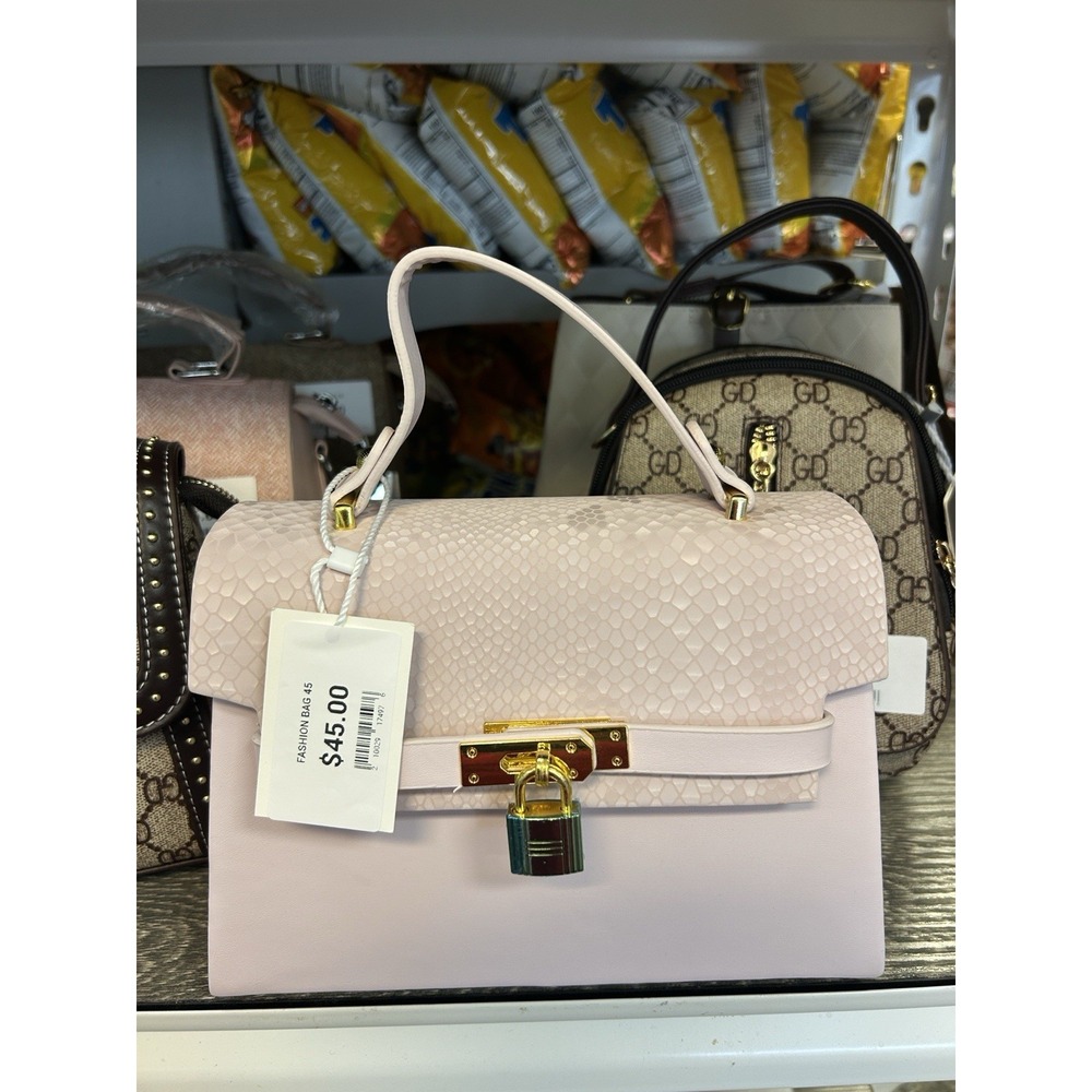 Pink Snake Embossed Top Handle Satchel Bag Gold Hardware, Lock Closure